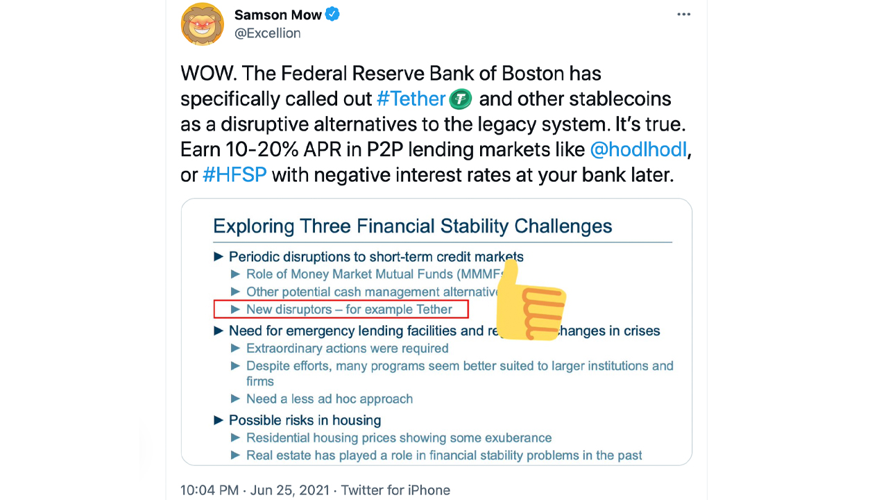 ボストン連銀の大統領は、テザーとステーブルコインが短期金融市場を混乱させる可能性があると述べています