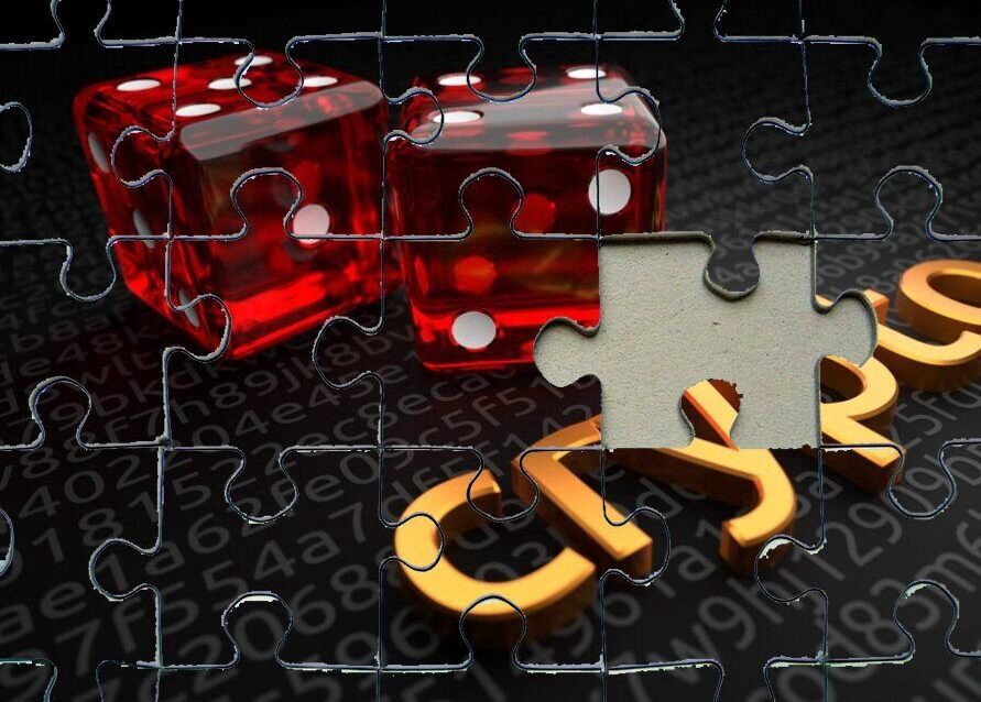 Two red dice on a black setting, the word crypto written with golden letters. The image was modified to look like a jigsaw puzzle.