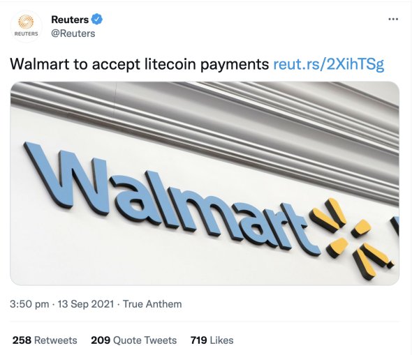 Reuters tertipu Walmart Menerima Litecoin dari semua hal, Sep 2021