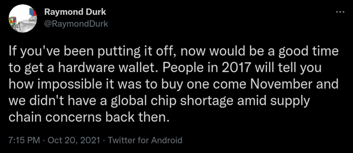 escasez de billetera de hardware 2017 twitter