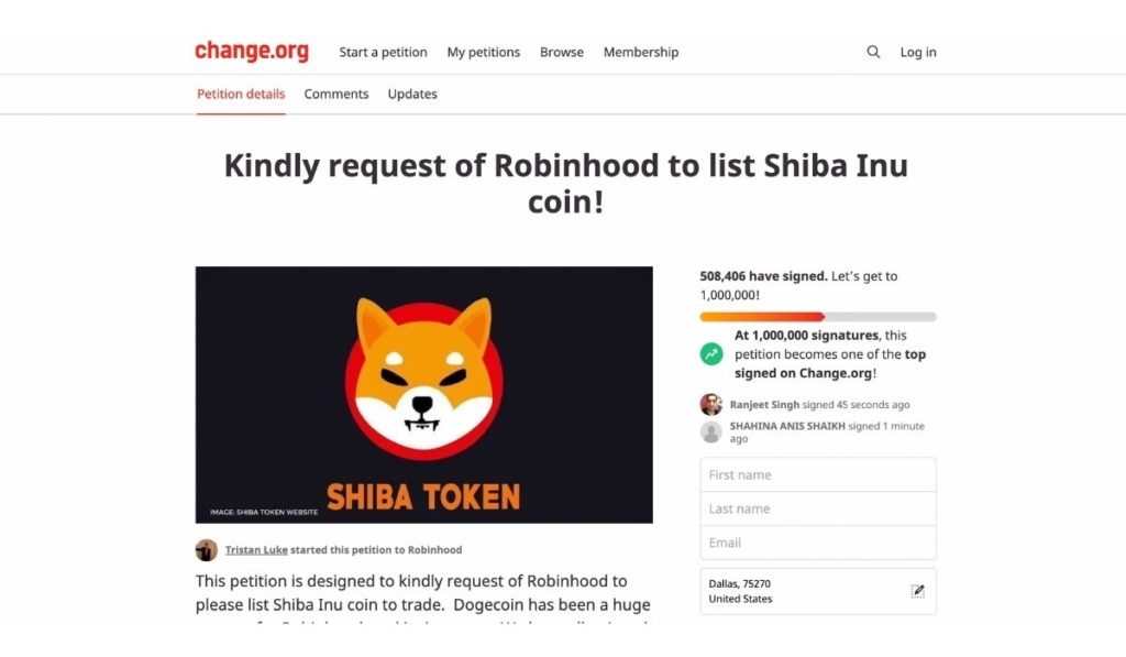 Peticija za uvrstitev Shiba Inu na Robinhood je dosegla 500,000 podpisov kot trgovalna platforma zasmehuje imetnike SHIB
