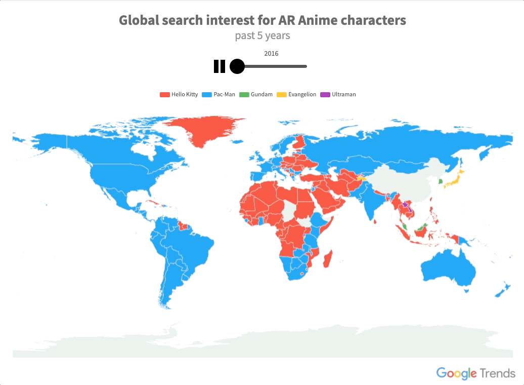 An animated world map showing search interest in anime characters over the past five years