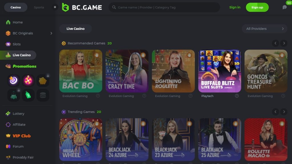 BC.Game Casino igre v živo.