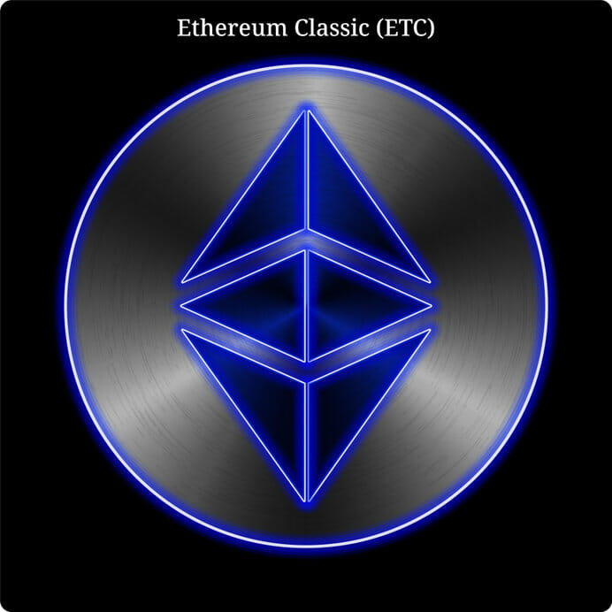 The Ethereum Classic logo, grey circle with blue rim that has a blue & black diamond at its center