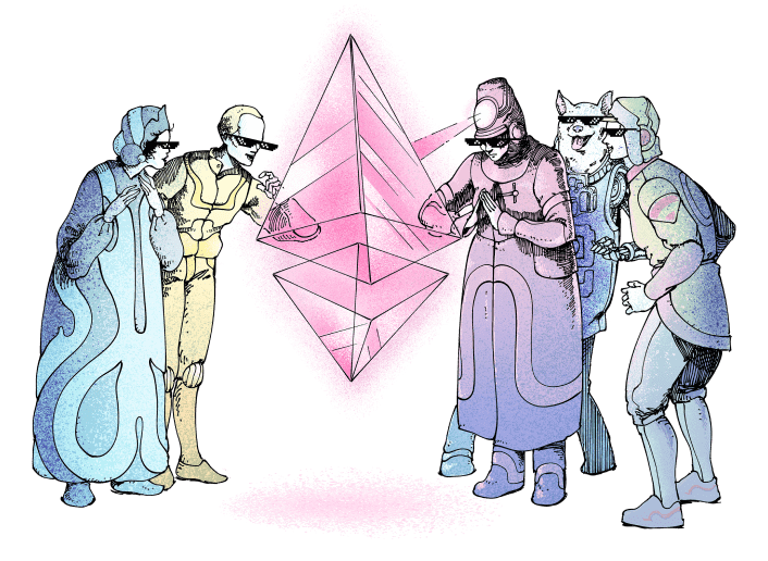 Cinq personnages regardant le logo Ethereum