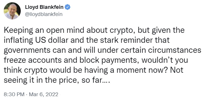 Goldman Sachs' Blankfein Asks Why Crypto Isn't Having a Moment Despite Inflating US Dollar, Freeze Orders