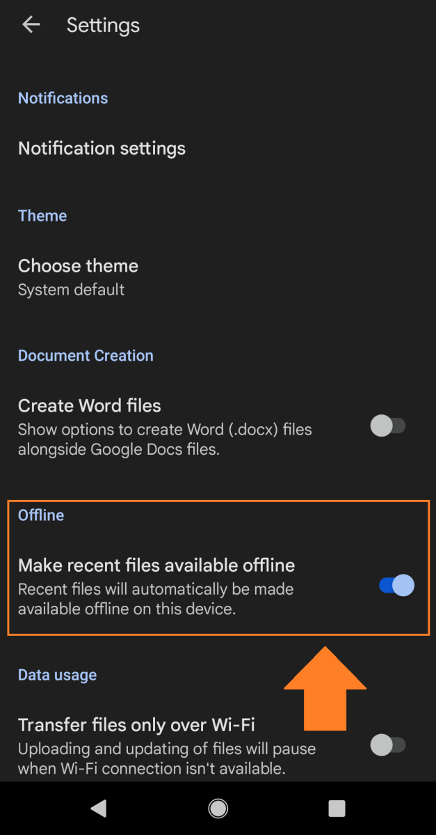 Offline-optie in de instellingen van Google Documenten op Android