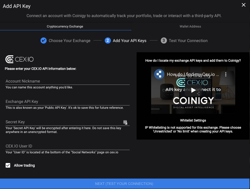 Coinigy Partnership e aggiornamento API CEX.IO
