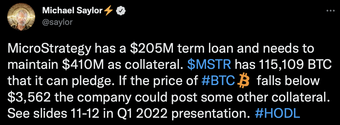 Microstrategy CEO Saylor offers $3.562 as the BTC price at which investors should worry about a margin call