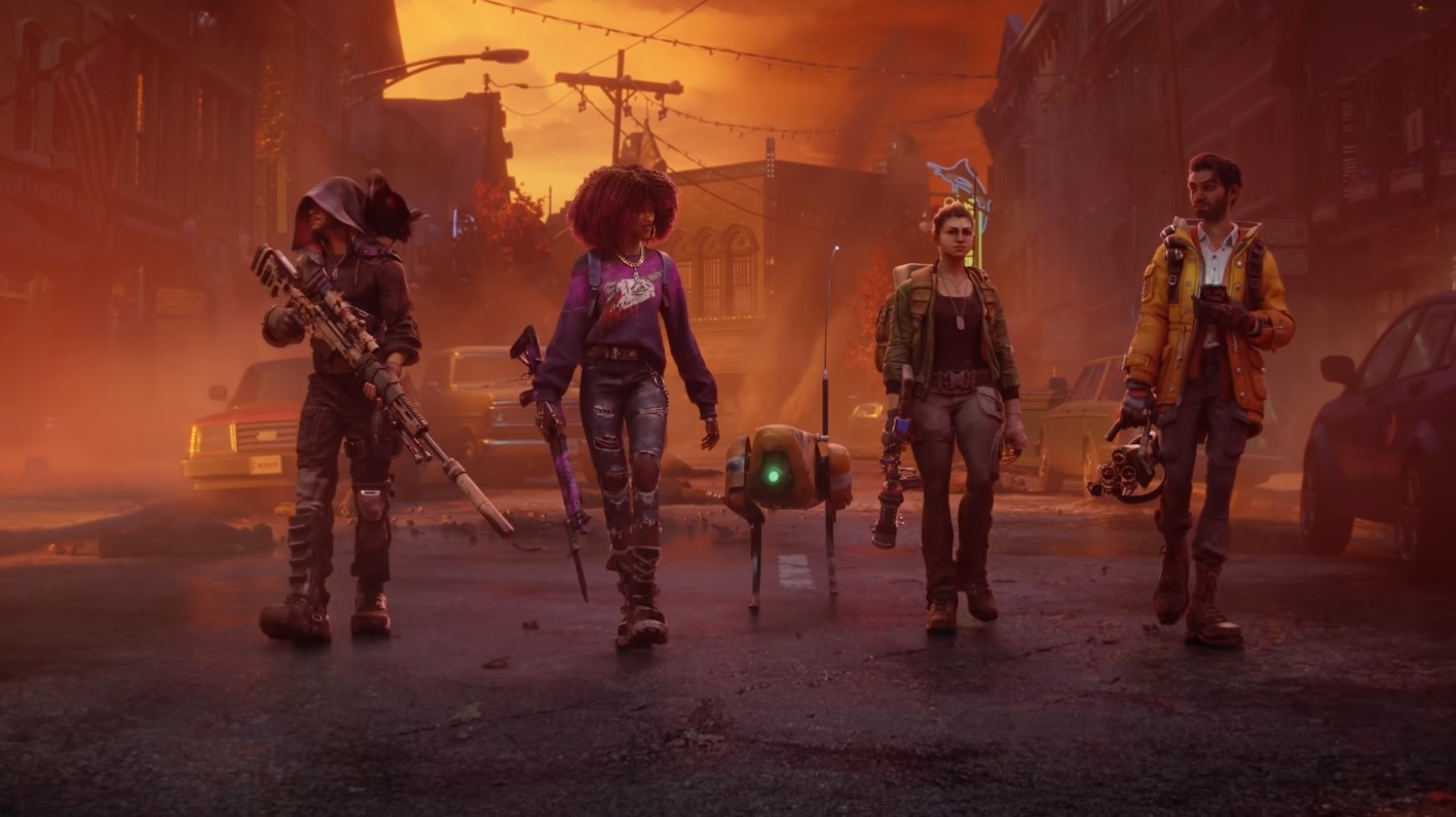 Redfall – Štirje liki hodijo po uničeni mestni ulici z orožjem in majhnim spremljevalcem robotom.
