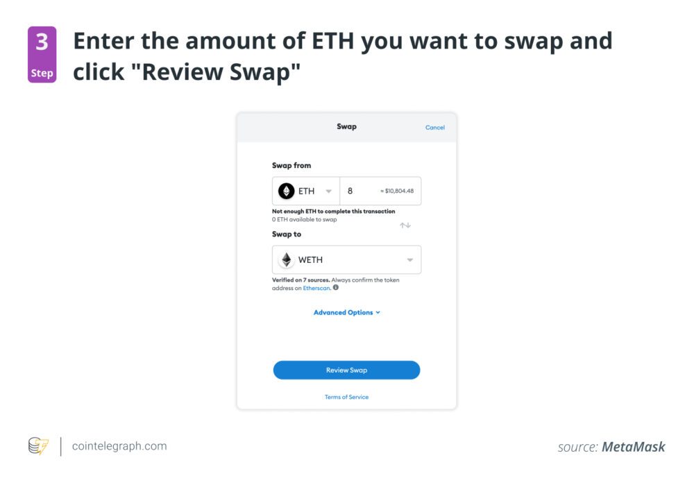 输入您要兑换的 ETH 数量，然后点击 Review Swap