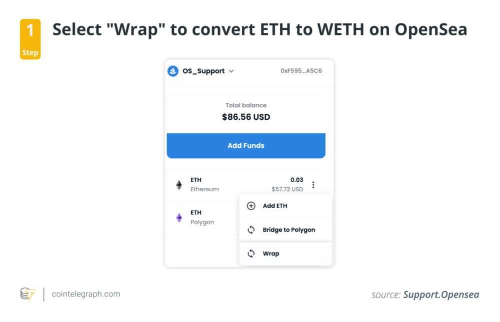 第 1 步：选择 Wrap 以在 OpenSea 上将 ETH 转换为 WETH