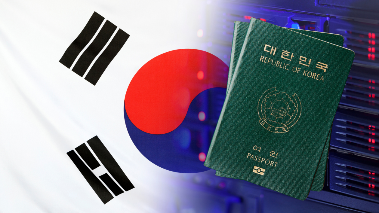 South Korean passport layered on top of a flag; government to introduce blockchain-based digital passports.