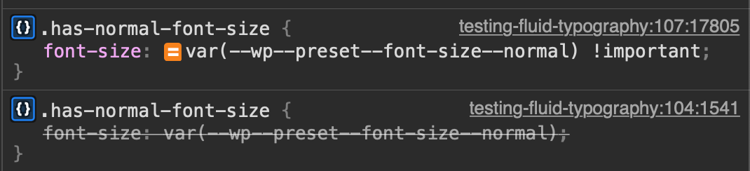 DevTools showing the font-size custom property for the WordPress Paragraph block's fluid typography.