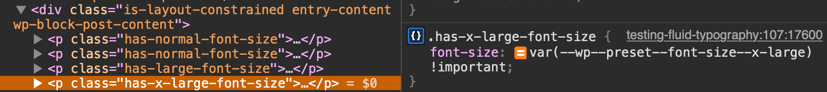 Anzeigen der benutzerdefinierten Eigenschaft „font-size“ für die Schriftarteinstellung „Extra Large“ in DevTools.
