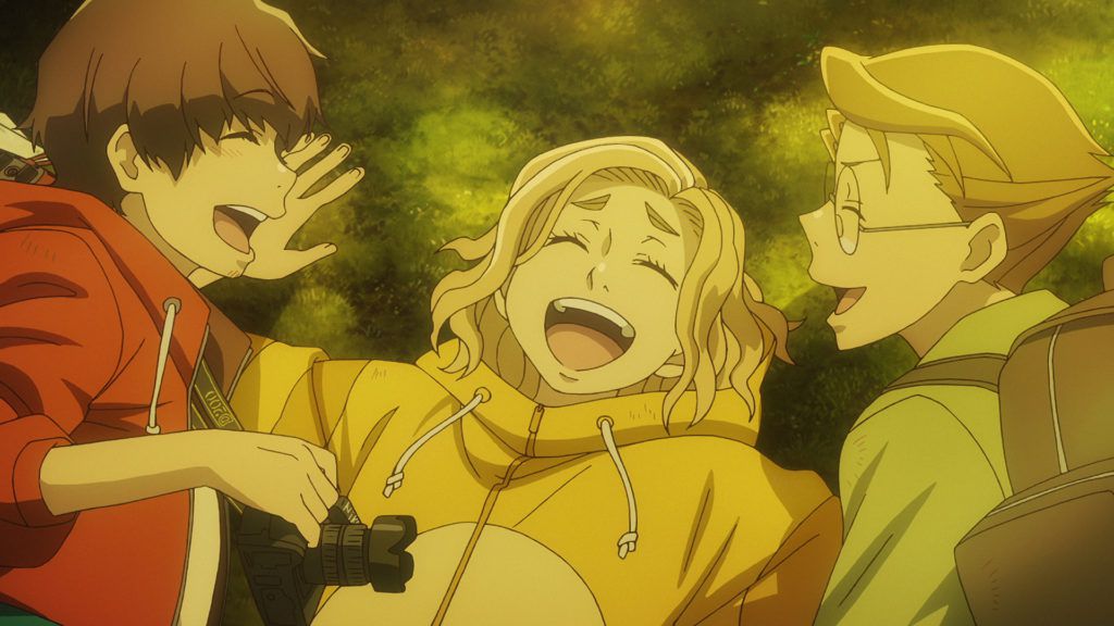 Three anime boys laughing in a forest with one of them holding a camera.