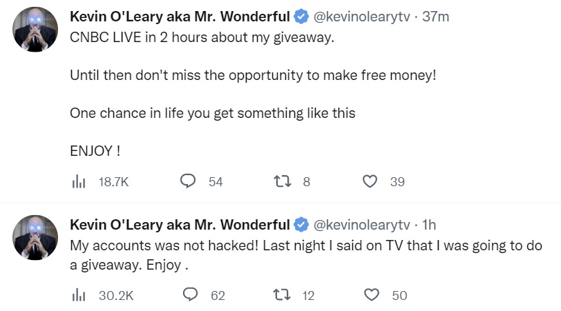 Tài khoản Twitter của Kevin O'Leary bị hack để quảng cáo lừa đảo tặng quà Bitcoin, Ethereum