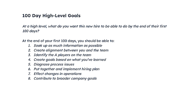 ví dụ về các mục tiêu cấp cao cần đáp ứng trong 30-60-90 ngày đầu tiên dành cho giám đốc điều hành mới
