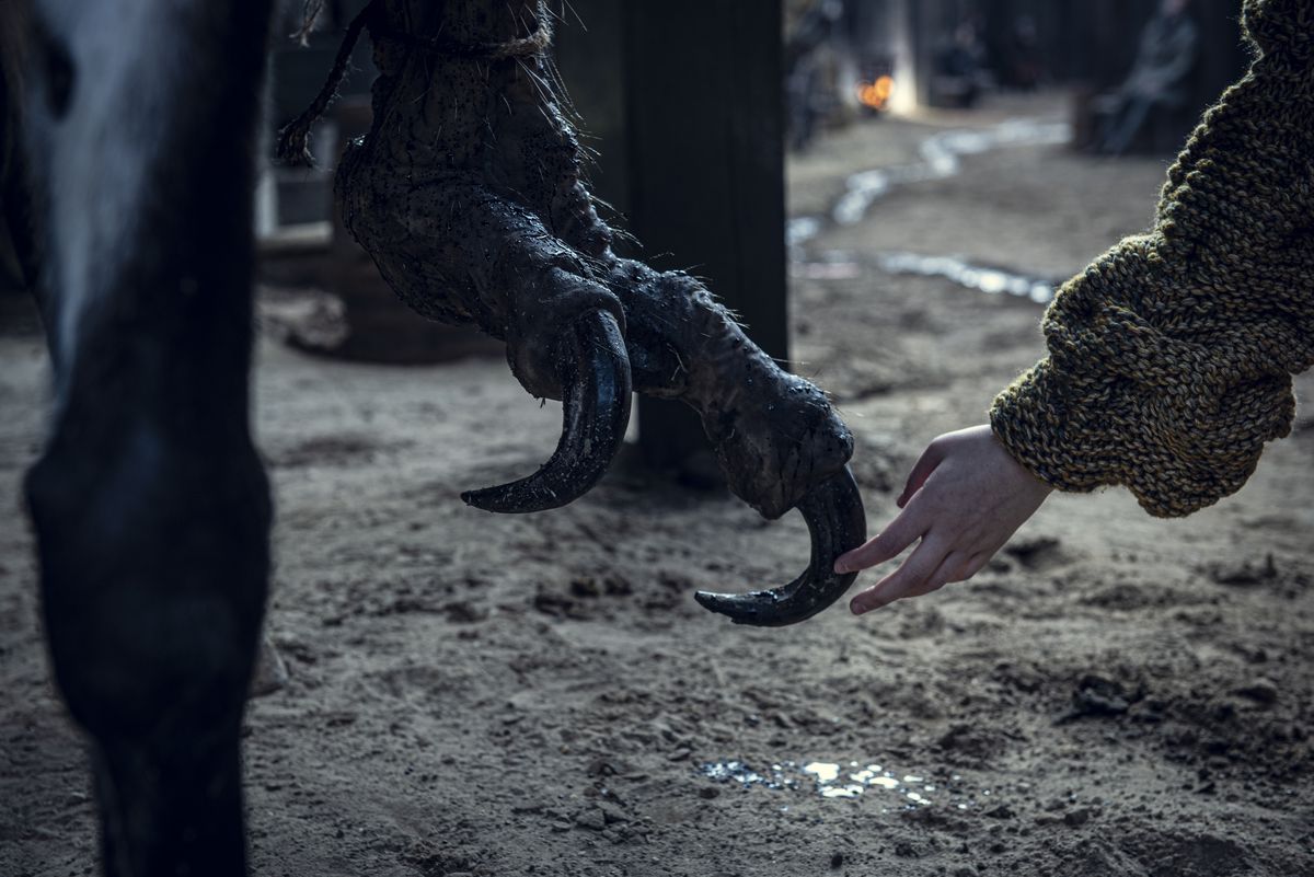 una mano humana y un pie con garras de dos dedos se acercan en The Witcher