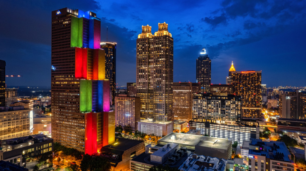 Atlanta building illuminated during Pride month
