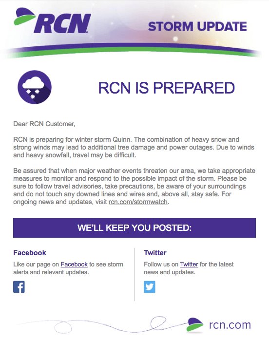 مثال على التسويق عبر البريد الإلكتروني: RCN - "RCN تستعد لعاصفة الشتاء كوين"