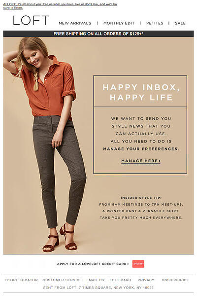 Exemple de campagne de marketing par e-mail : Loft - "Happy Inbox, Happy Life"