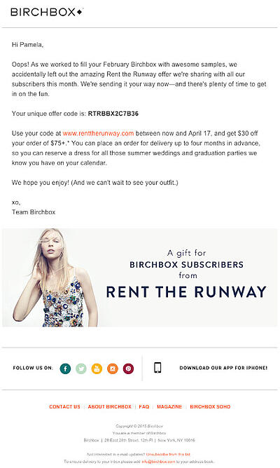 Esempio di campagna di email marketing: Birchbox - "Oops!"