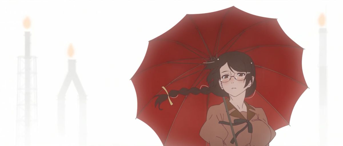 An anime girl with black hair tied in a braid wearing glasses and holding a red umbrella with industrial smokestacks obscured by a haze of mist in the background.
