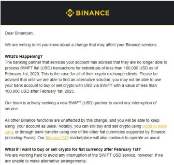 Binance SWIFT बैंकिंग पार्टनर $100K से कम के USD हस्तांतरण पर प्रतिबंध लगाने के लिए तैयार है
