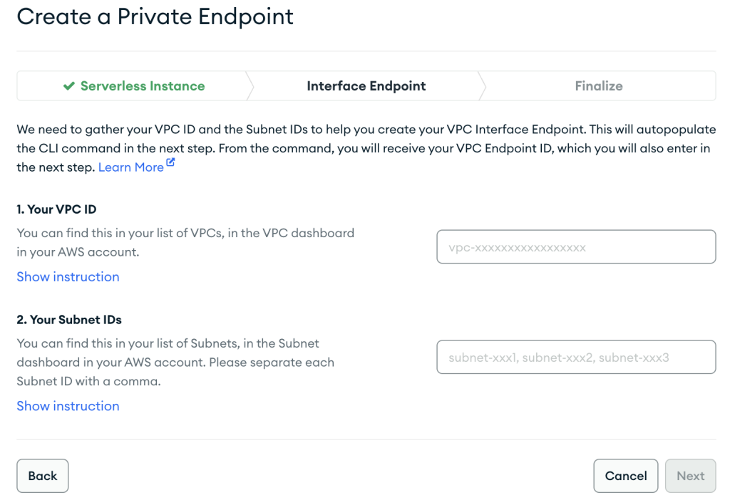 Interfaccia utente di configurazione dell'endpoint VPC