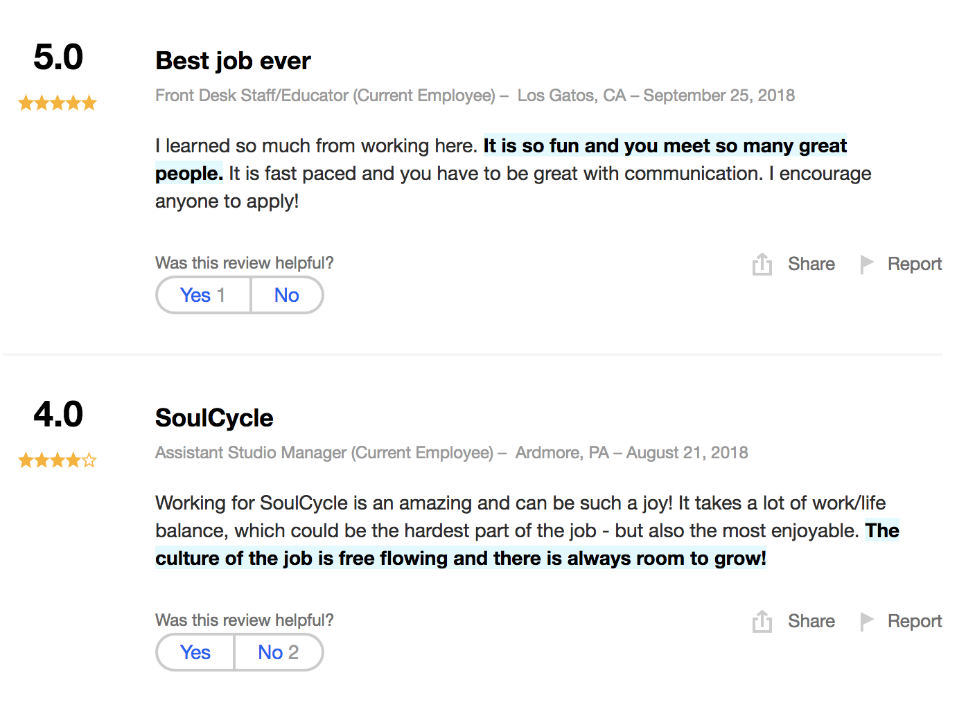SoulCycle-udtalelser, der viser glade medarbejdere, der nyder mærket