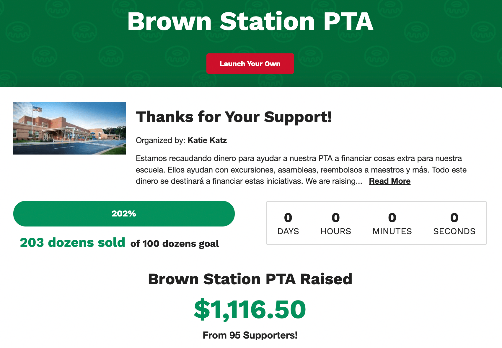 Страница кампании по сбору средств Digital Dozens от Brown Station PTA