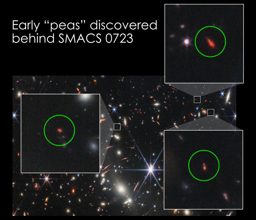 A trio of faint objects (circled) captured in the James Webb Space Telescope’s deep image of the galaxy cluster SMACS 0723
