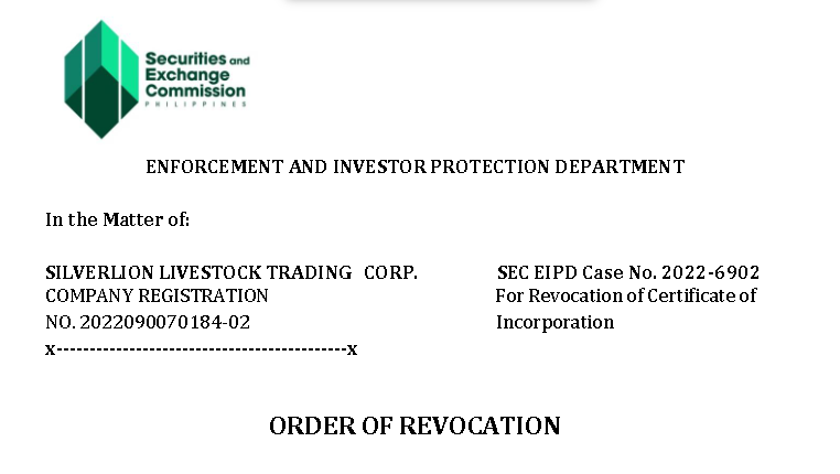 SEC trekt de registratie van Silverlion Livestock Trading Corporation in