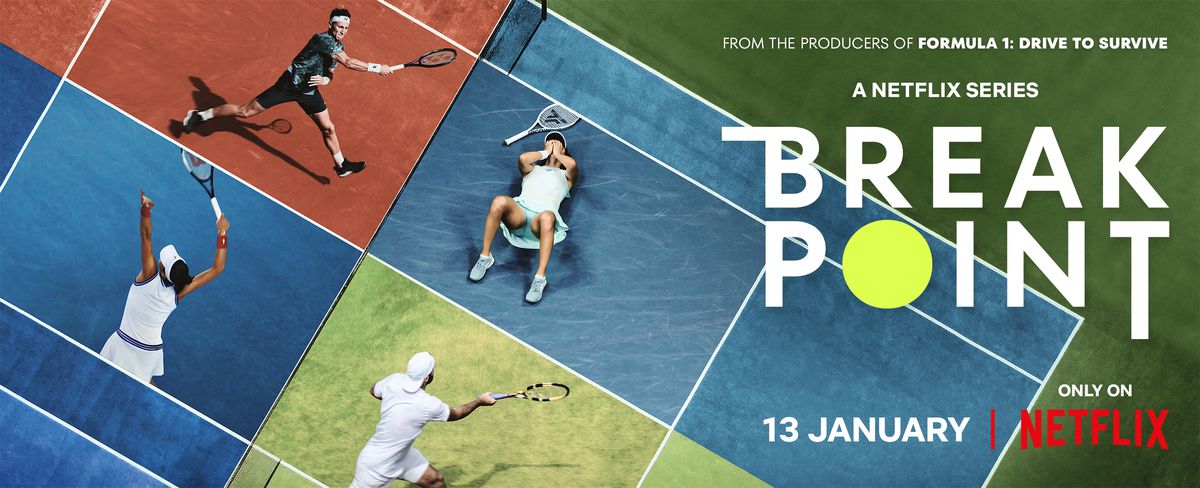 هنر تبلیغاتی برای نقطه شکست نتفلیکس، با چهار تنیس باز در زمین های مختلف در مراحل مختلف جشن و غم.