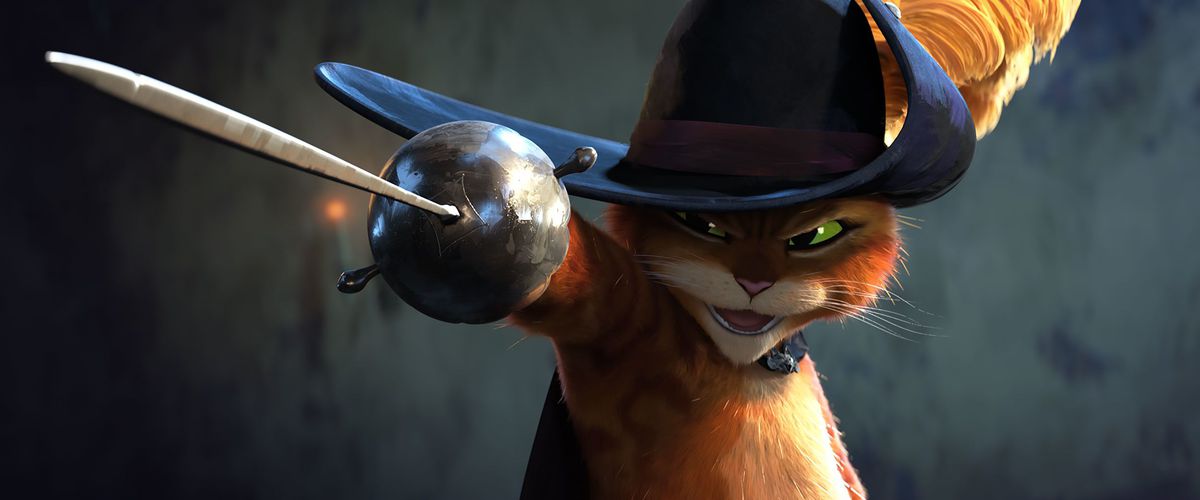 An orange anthropomorphic cat with green eyes wearing a black feathered hat and cloak brandishes a rapier and smiles.