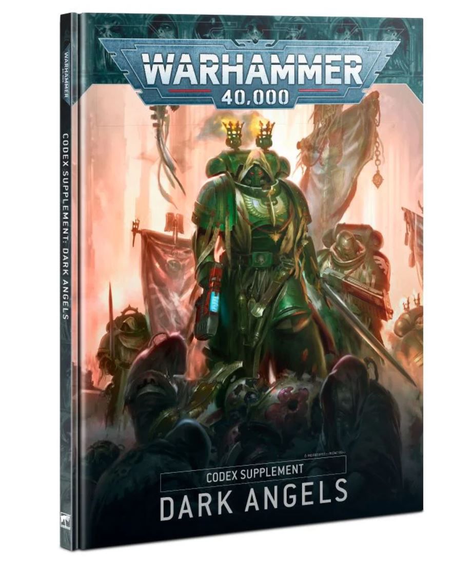 A Dark Angel with flaming censors on his backpack looms over fallen Chaos Marines.