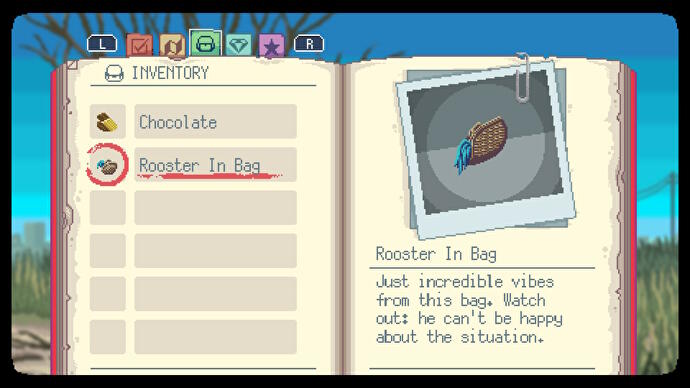 Uma revisão do Space for the Unbound - em um diário vermelho mostrando seu inventário, um item chamado Rooster In Bag é exibido com uma piada sobre as 'vibrações incríveis' que vêm dele