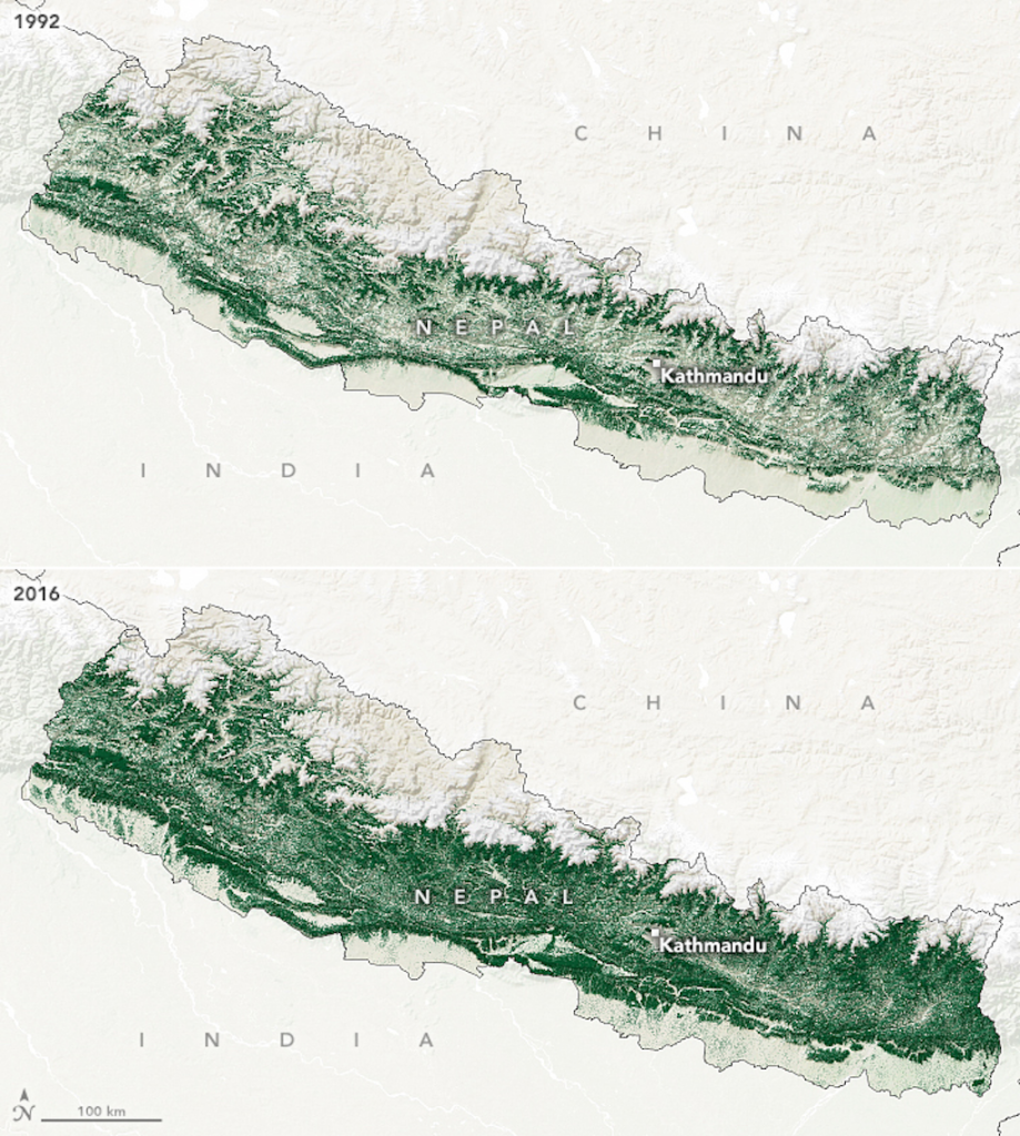 Nepal’s forest cover Nepal in 1992 and 2016. Image: NASA Earth Observatory