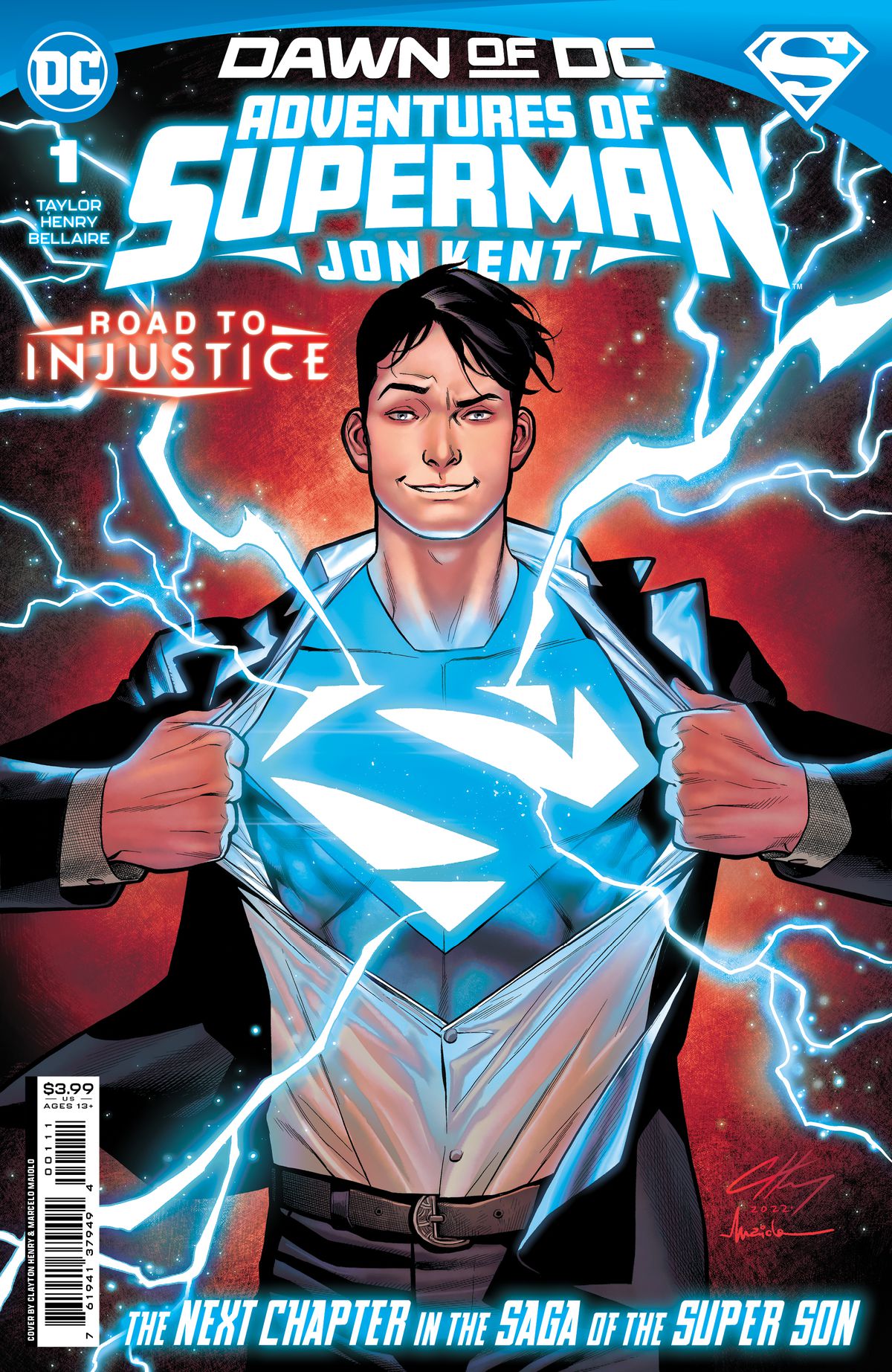 Jon Kent/Superman pulls open his jacket to reveal a blue Superman symbol with electricity arcing off of it on the cover of Adventures of Superman: Jon Kent #1 (2023).