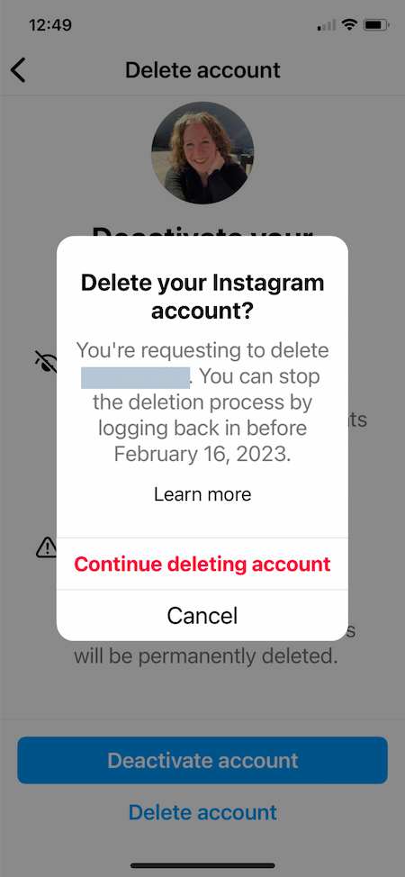 كيفية حذف مثال Instagram: استمر في حذف الحساب