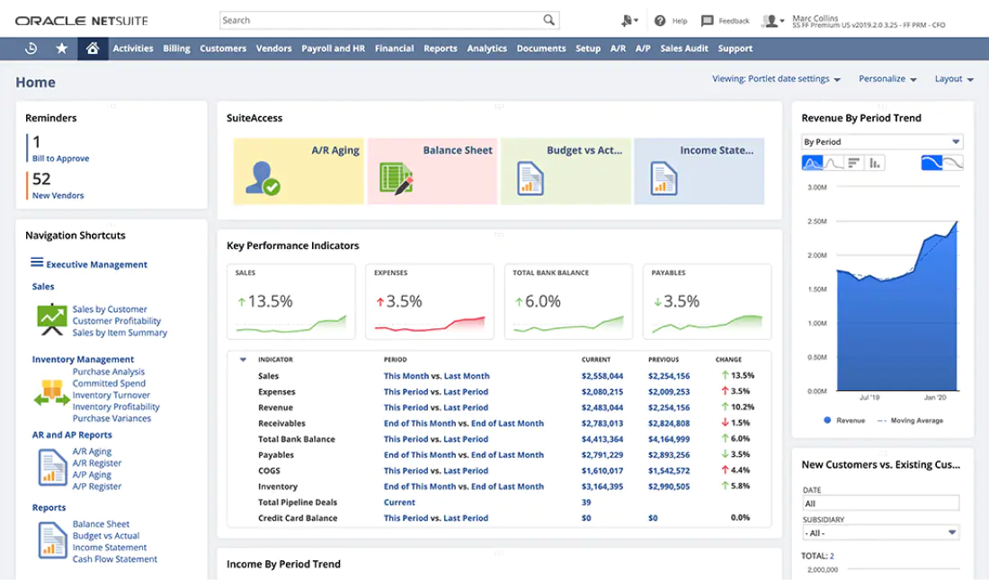 An example dashboard in NetSuite, a popular ERP solution
