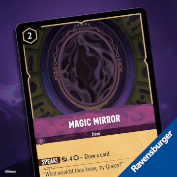 An animated gif of the Magic Mirror card in Disney Lorcana, showing a face appearing in the Magic Mirror, with a camera wipe to the Disney Lorcana logo