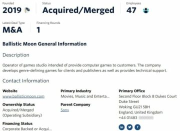Sony는 실제로 새로운 Studio Ballistic Moon을 인수했다고 기록은 제안합니다.