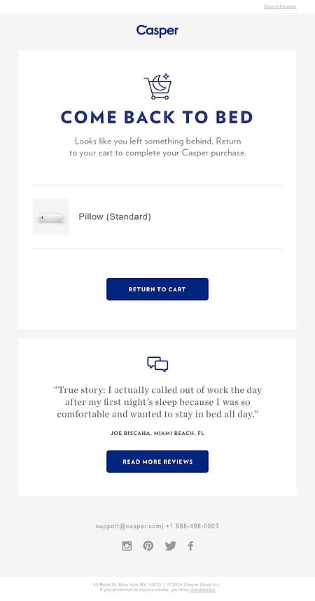 Casper sử dụng thiết kế sạch sẽ trong email về giỏ hàng bị bỏ rơi.