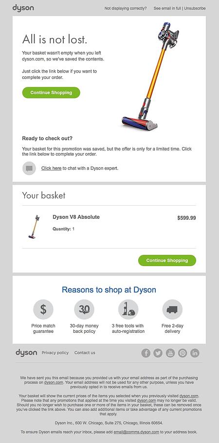 مثال على البريد الإلكتروني لعربة التسوق المتروكة Dyson الرائعة.