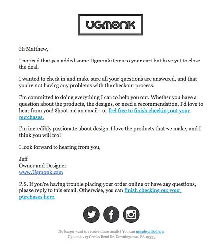Ugmonk forladte vogn-e-mail fokuserer på personalisering.