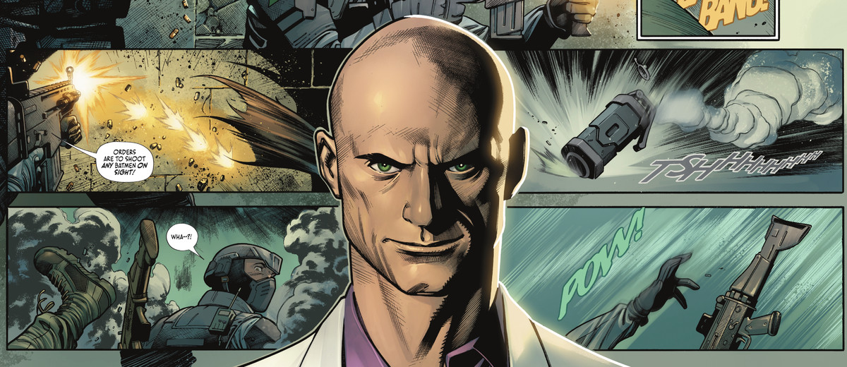 Lex Luthor’s face, superimposed on gunmen taking out a target, from Batman #119 (2022).