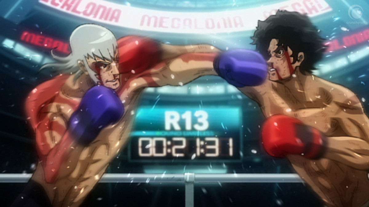(L-R) A platinum-haired anime man (Yuri) and a black short-haired anime man (Joe) exchange blows to the face at the same time.