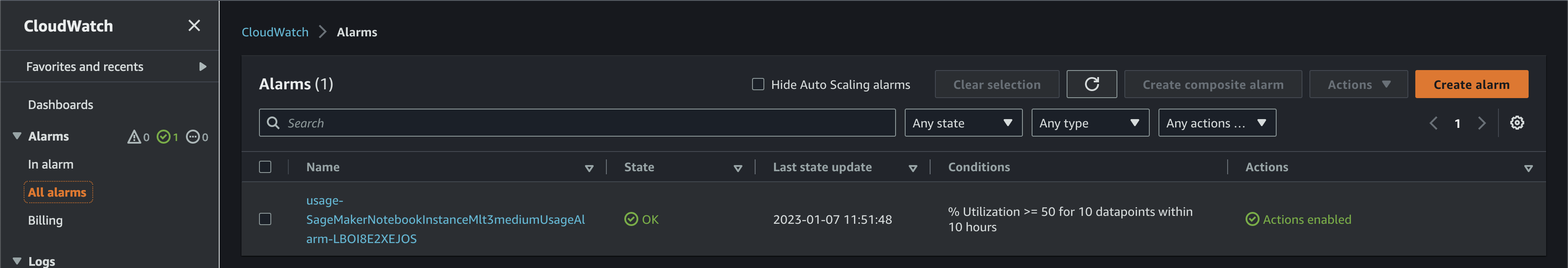 alarma monitorizează utilizarea pentru instanțele de notebook SageMaker